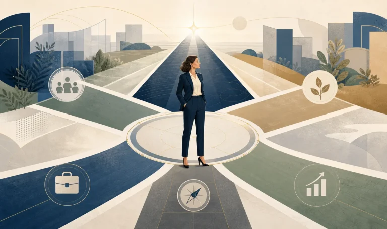 Illustration d’une manager face à plusieurs chemins de décision et de leadership