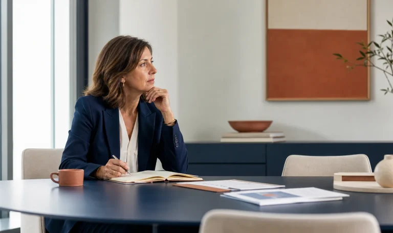 Dirigeante en réflexion stratégique avant une décision importante