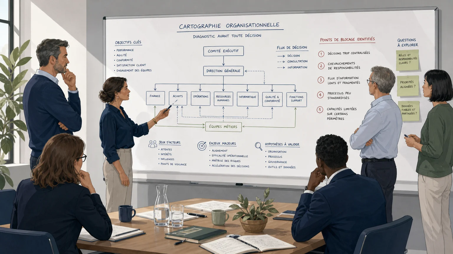 Diagnostic organisationnel réalisé avec une équipe de direction avant une réorganisation
