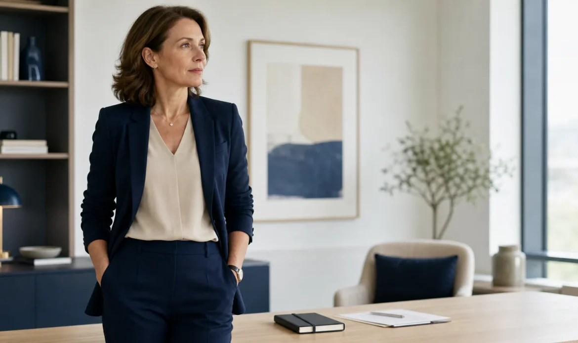 Dirigeante prenant du recul avant une décision professionnelle