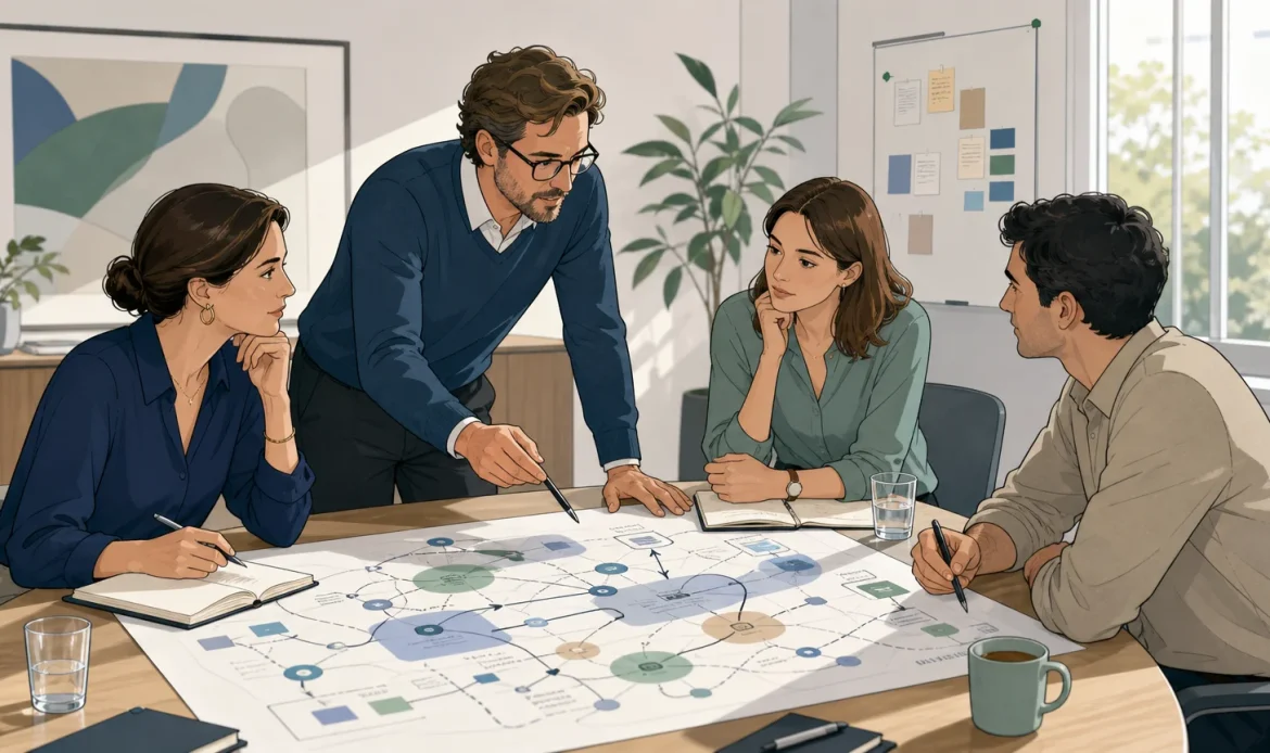 Équipe de direction analysant les points de friction d’une transformation organisationnelle