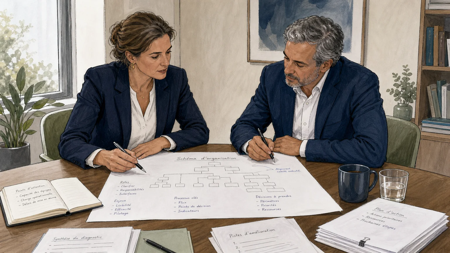 Dirigeante et consultant analysant une organisation lors d’un échange de travail