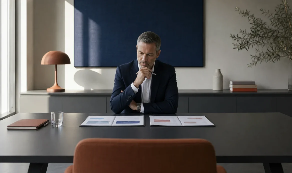 Dirigeant préparant un arbitrage stratégique avec un espace pour le coaching